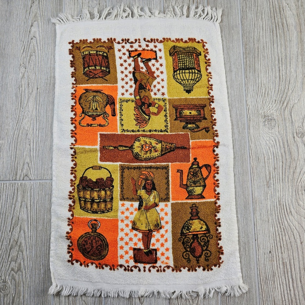 Vintage Cannon All Cotton Fringed Hand Towel MCM Graphic Orange Yellow USA